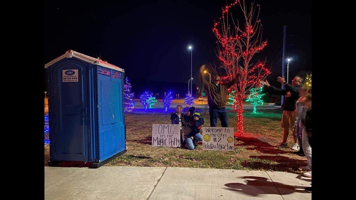 Visitors gather annually at a most peculiar holiday attraction: The Magic Potty. It launched in 2017 when Troy and Cyndy Jackson, along with their children, had the idea to decorate a portable toilet left behind after a road construction project near their Lee’s Summit house.