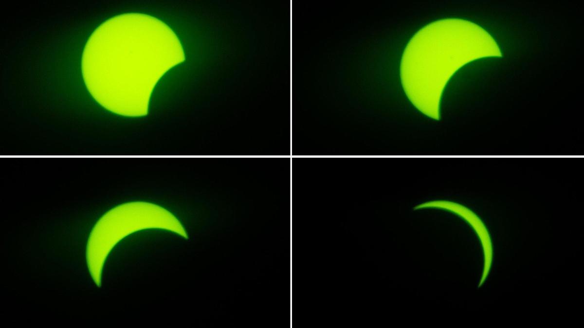 A sequence of photos shows the sun being eclipsed by the moon from a location in Overland Park on Monday, April 8, 2024. Starting from top left, the eclipse starts around 12:40 p.m. and continues until it has reached 90% totality at 1:54 p.m.