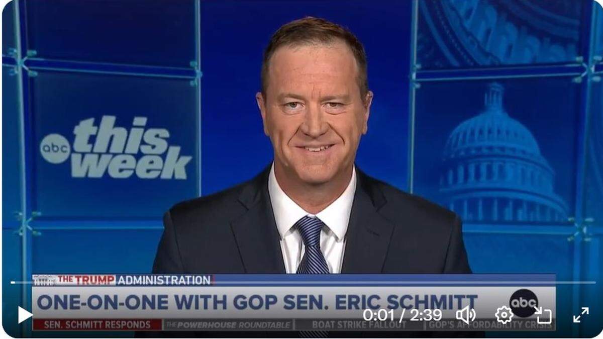 A screenshot of a tense exchange between U.S. Sen. Eric Schmitt, a Missouri Republican, and TV host George Stephanopoulos.