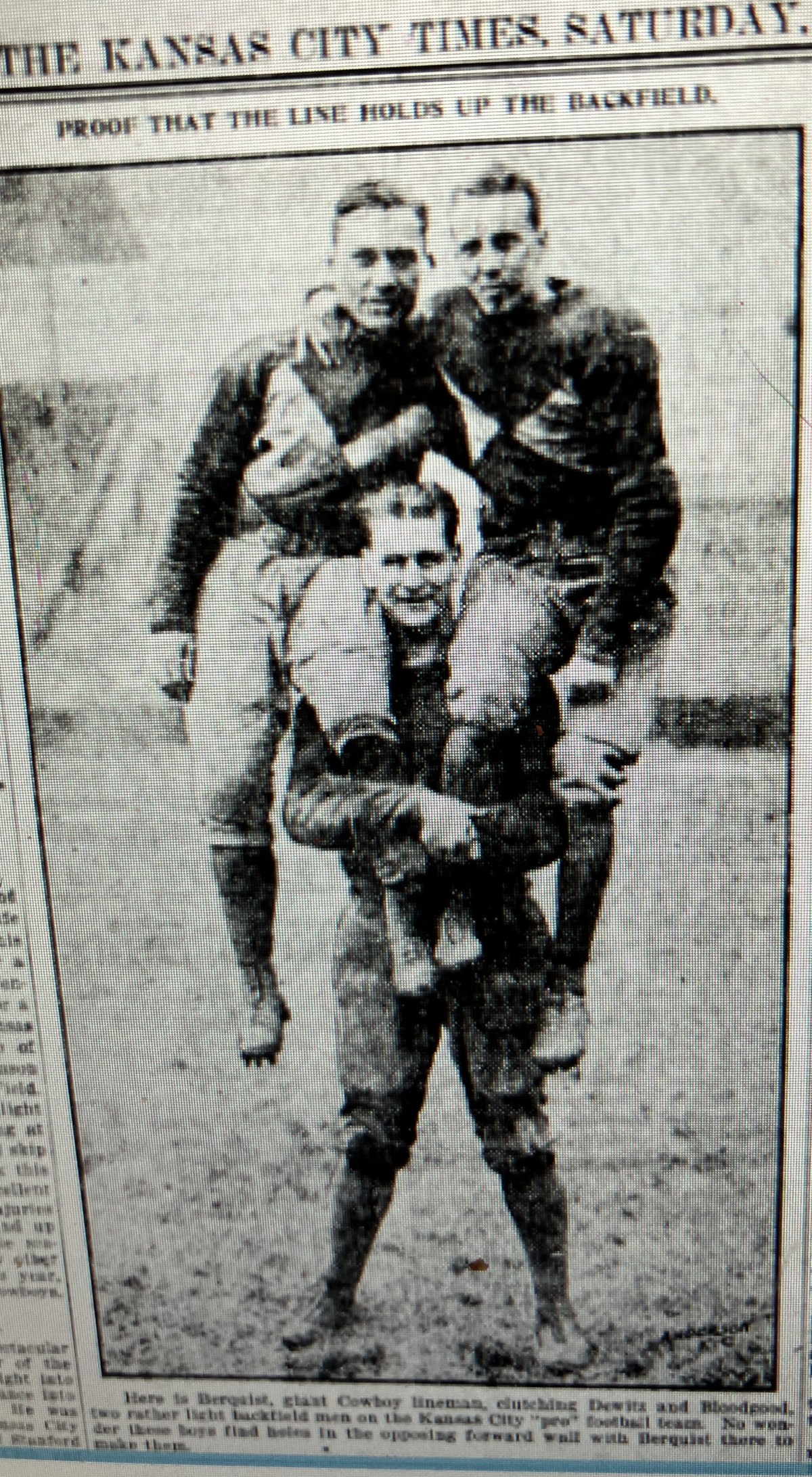 Posing before the final game ever played by the Kansas City Cowboys, for a photo&nbsp;in the Kansas City Times, are players identified as “Berquist, Giant Cowboy lineman” and “rather light backfield men” Dewitz and Bloodgood.