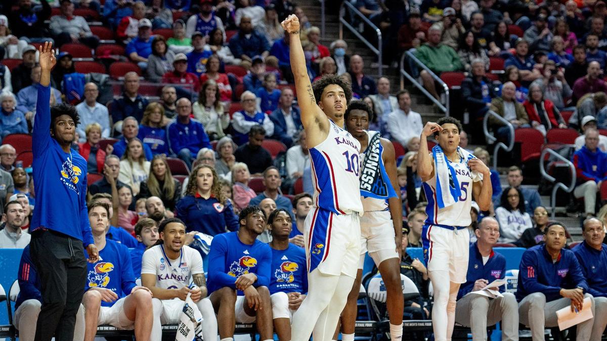 Kansas forward Jalen Wilson (10) watches a three-point attempt during a first-round game against Howard in the NCAA Tournament Thursday, March 16, 2023, in Des Moines, Iowa.