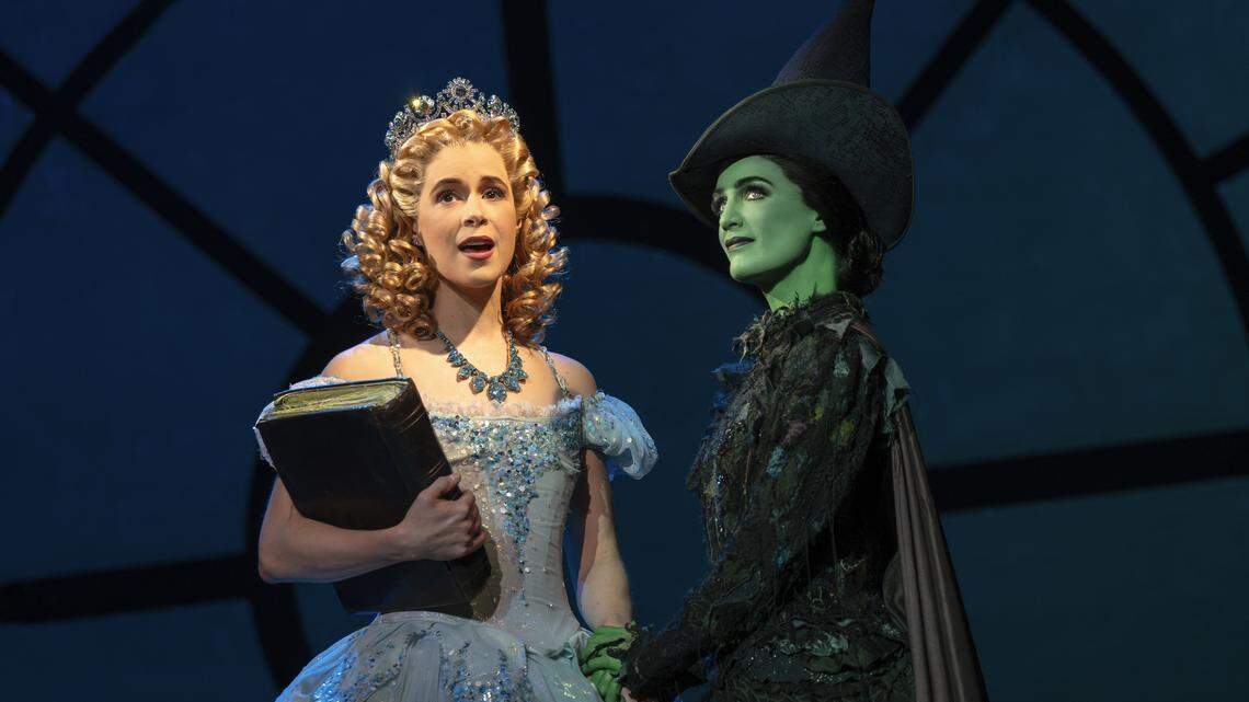 Austen Danielle Bohmer (Glinda) and Lauren Samuels (Elphaba) portray two young witches in the national touring production of “Wicked,” which will conclude PNC Broadway in Kansas City’s 2025-26 season.