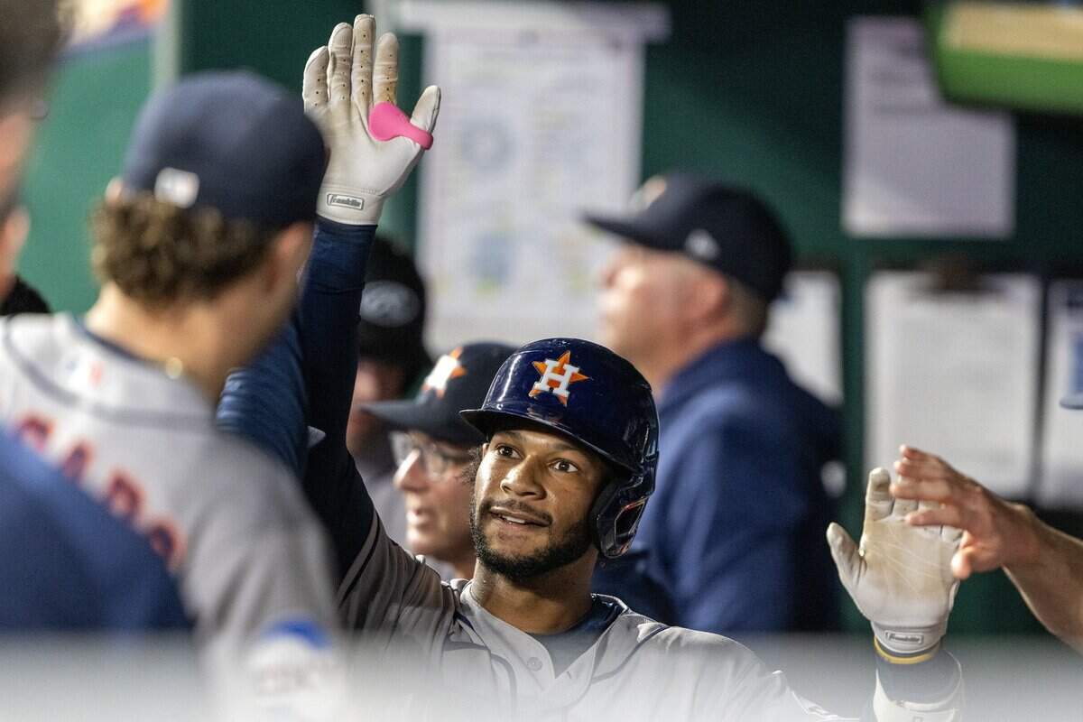 Houston Astros center fielder Brice Matthews (0) celebrates a home run in the ninth inning against the Kansas City Royals on Friday, June 12, 2026, at Kauffman Stadium in Kansas City.