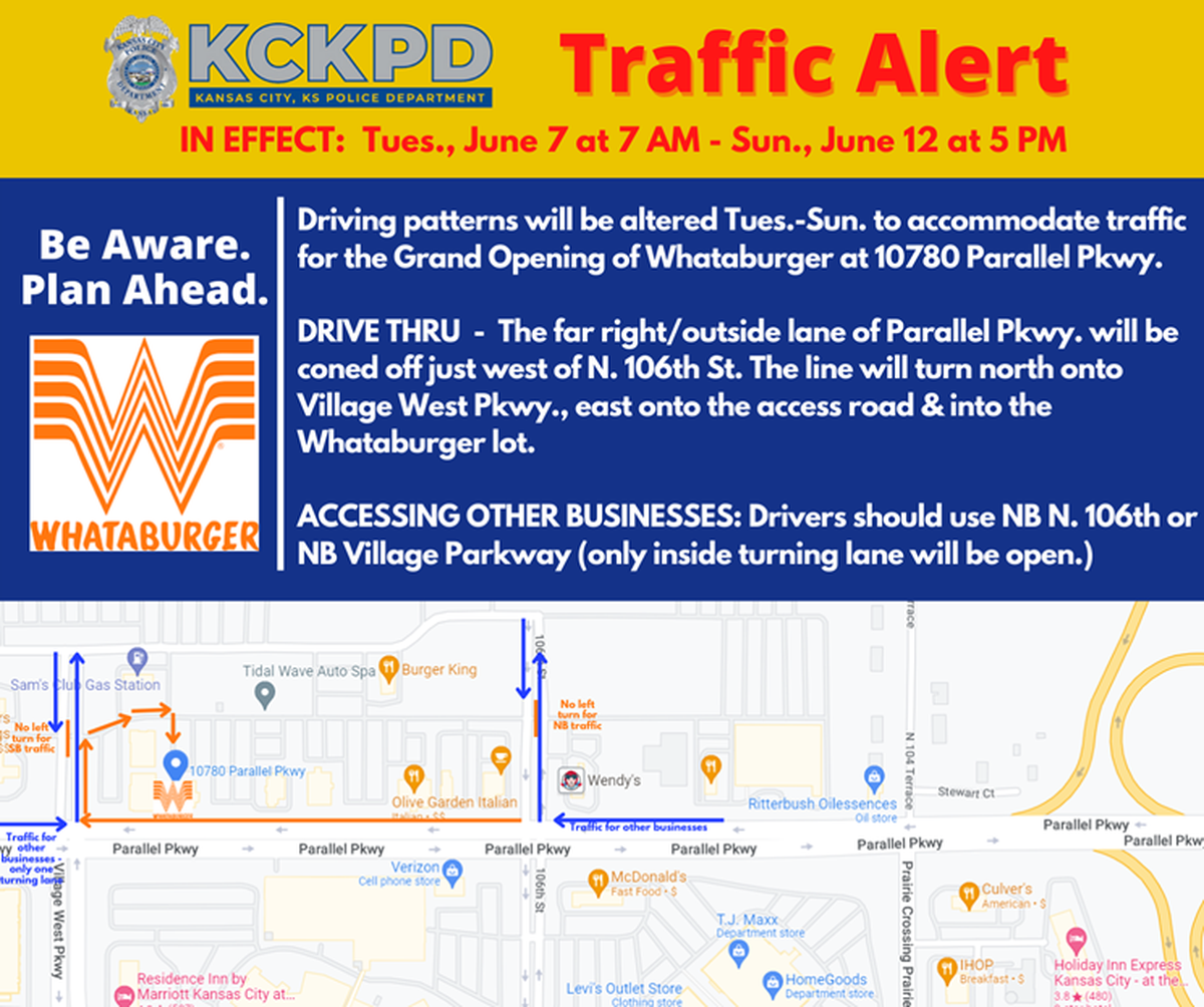 Kansas City, Kansas, police on Sunday announced traffic pattern changes for the opening this week of tne first Whataburger for the franchise that includes Kansas City Chiefs quarterback Patrick Mahomes.