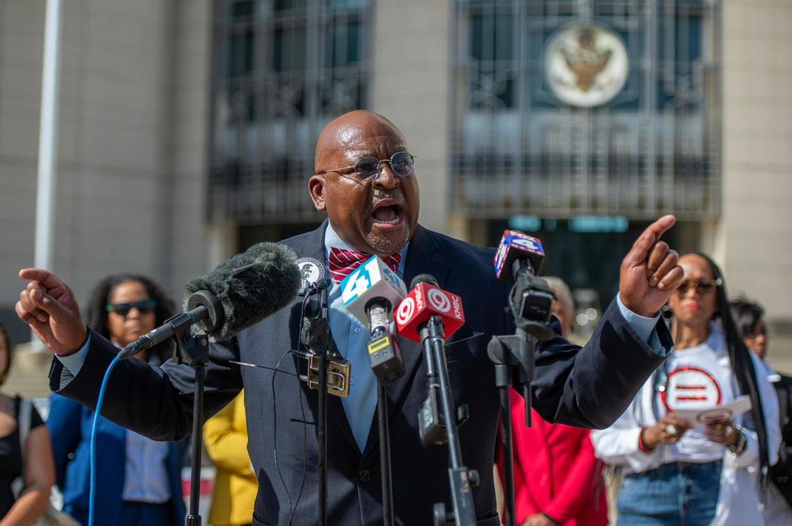 Vernon Howard, president of Kansas City’s chapter of Southern Christian Leadership Conference, speaks during a rally for Ralph Yarl in front of the Charles E. Whittaker U.S. Courthouse on Tuesday, April 18, 2023, in Kansas City.