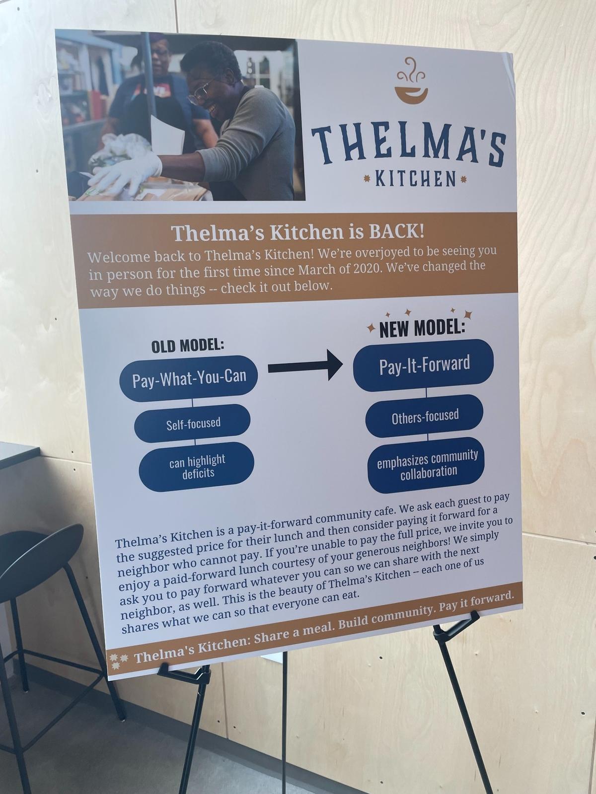Thelma’s Kitchen operates on a “pay it forward” model, where customers can pay for the meals of future customers who may not be able to afford the $15.