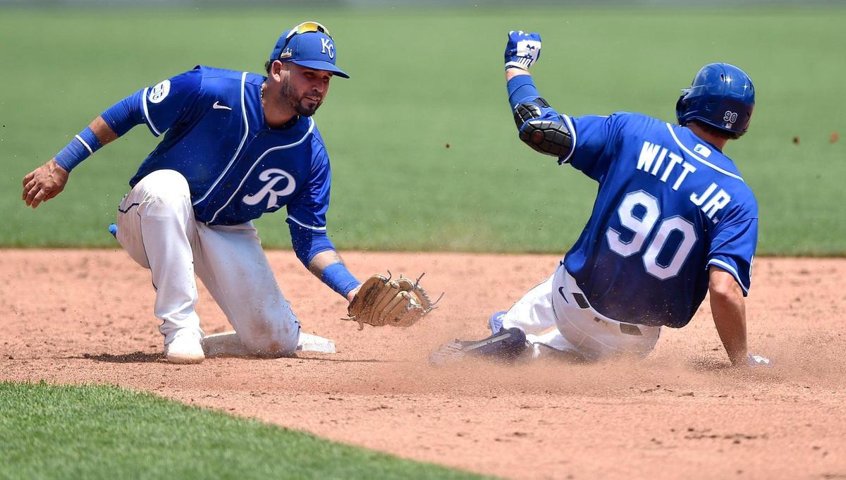 Humberto Arteaga tags shortstop and 2019 top draft pick Bobby Witt Jr. at second base during an intrasquad game at the Kansas City Royals spring training 2.0 at Kauffman Stadium Monday, July 7, 2020.