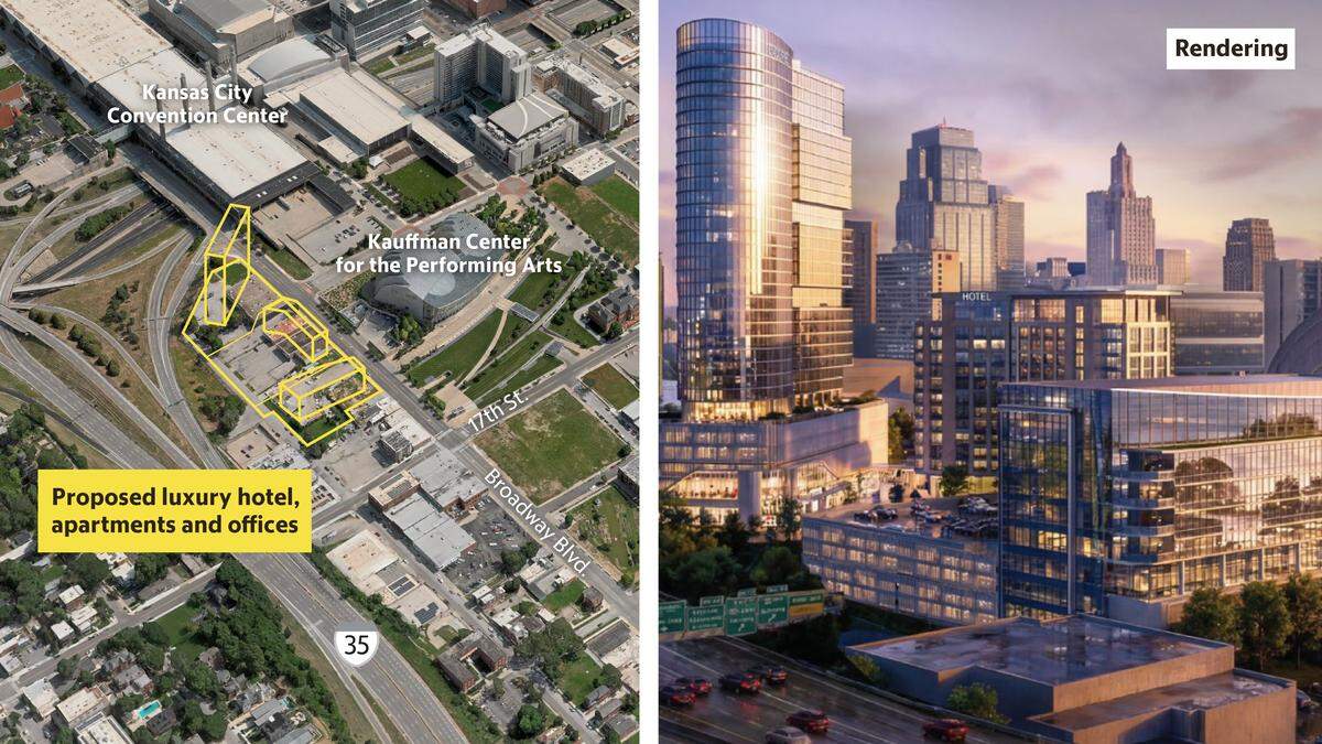 A rendering of a proposed development in Kansas City’s Crossroads that would include a new high-rise apartment building, a luxury hotel and an office building.