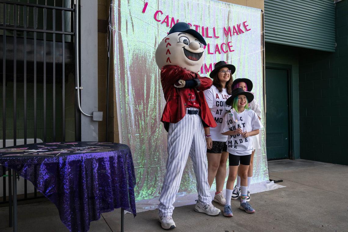 The Monarchs’ mascot Monty posed with young Taylor Swift fans at a photo booth set up for the promotion.
