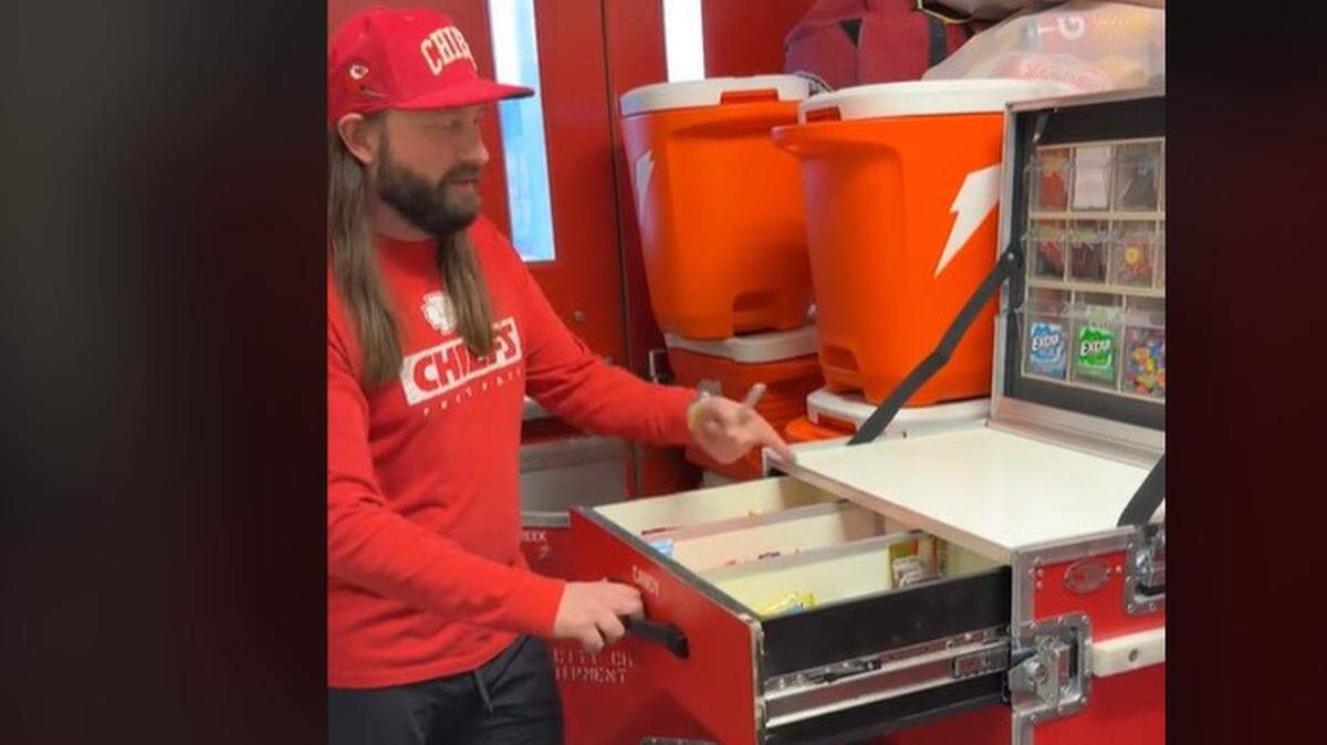 Chiefs Assistant Equipment Manager Cale Kirby showed off the trunks the teams use to store gear.