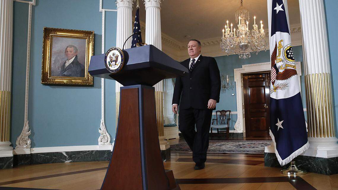 Secretary of State Mike Pompeo walks toward the podium to make a statement about refugees to the media, Monday, Sept. 17, 2018, at the State Department in Washington.