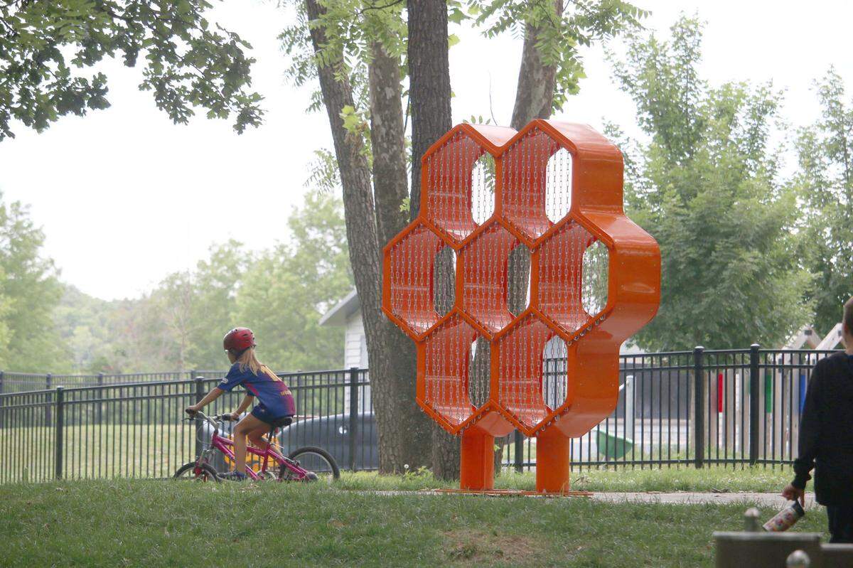 Tim Mispagel’s “Paper Wasp Putting Game” sculpture is the only interactive piece of art at Shawnee Mission Park’s Art Nine disc golf course.