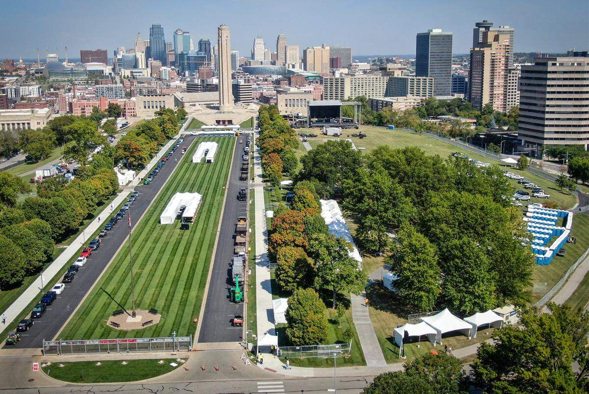 The stage for the Chappell Roan was being installed and the site readied Wednesday, Oct. 1, 2025, for the two concerts Friday and Saturday at the Museum and Memorial Park, which is the lawn area in front of the Liberty Memorial and the National World War I Museum and Memorial in Kansas City.