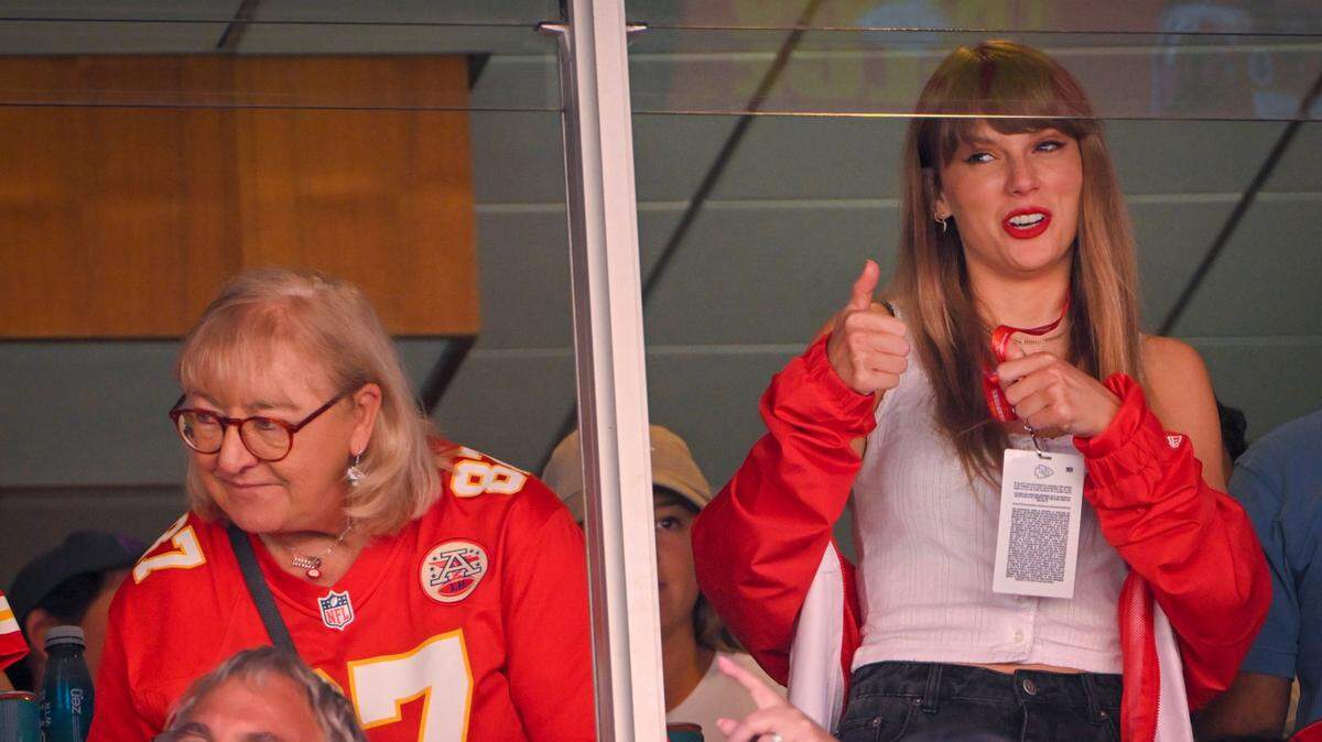 Donna Kelce, left, mother of Chiefs tight end Travis Kelce watched the game with pop superstar Taylor Swift, center, during the first-half on Sunday, Sept. 24, 2023, at GEHA Field at Arrowhead Stadium in Kansas City.