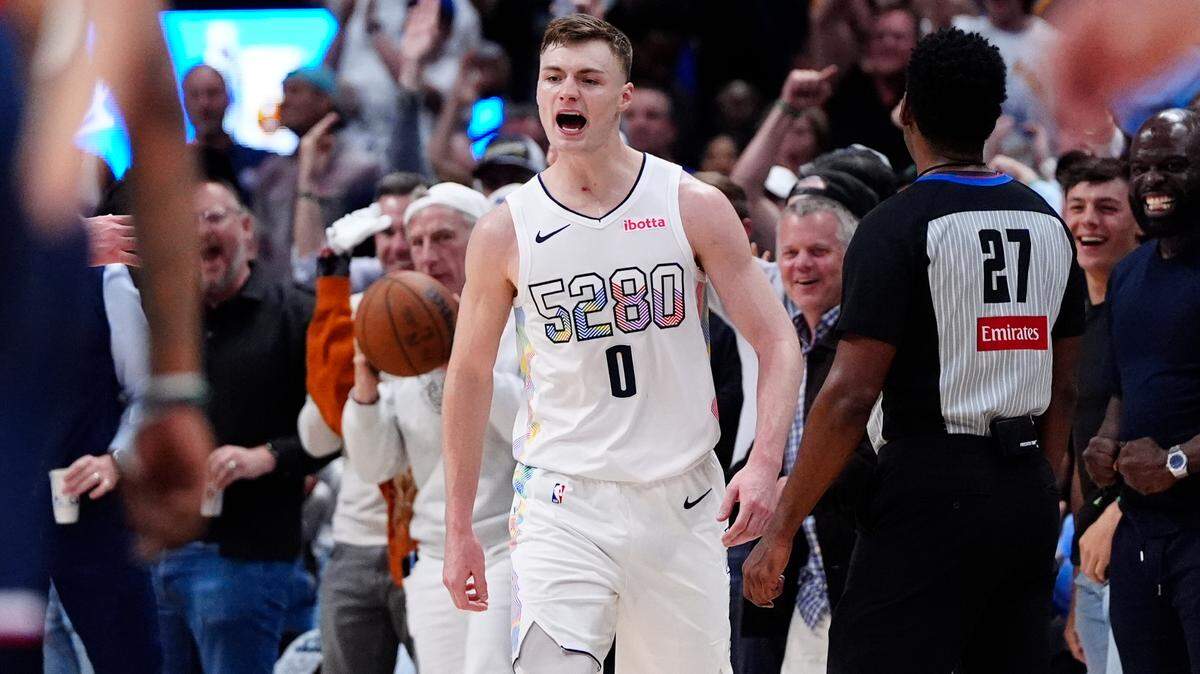 Denver Nuggets guard Christian Braun (0) reacts in the fourth quarter against the LA Clippers during game five of the first round for the 2025 NBA Playoffs at Ball Arena.