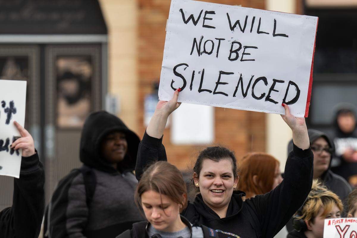 Washington High School students stage a walkout, protesting the recent Kansas legislation fining school districts for student activism, on Tuesday, May 5, 2026, in Kansas City.