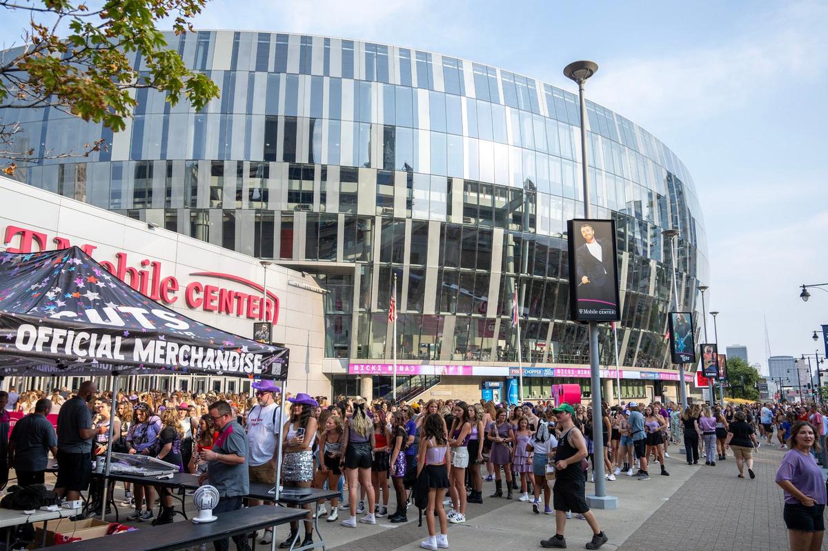 Fans of Olivia Rodrigo wait in line for the Olivia Rodrigo Guts World Tour concert outside T-Mobile Center on Friday, July 26, 2024, in Kansas City.