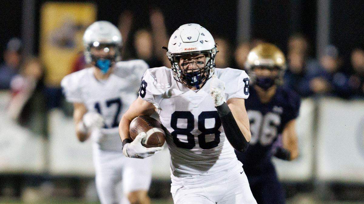 Stone Zambo caught three passes for 100 yards in Mill Valley’s 28-27 win over St. Thomas Aquinas in the second round of the Kansas Class 5A high school football playoffs on Friday, Nov. 7, 2025.