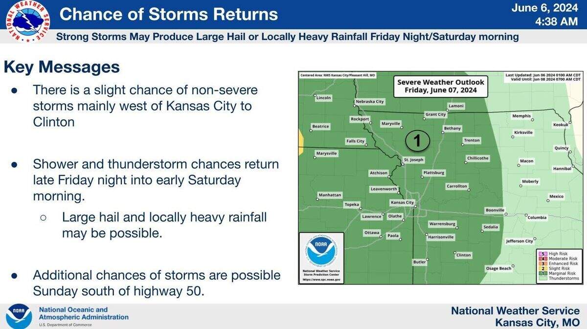 Several rounds of showers and thunderstorms will push through the Kansas City area, with the strongest storms expected this Friday night into Saturday, according to the National Weather Service.