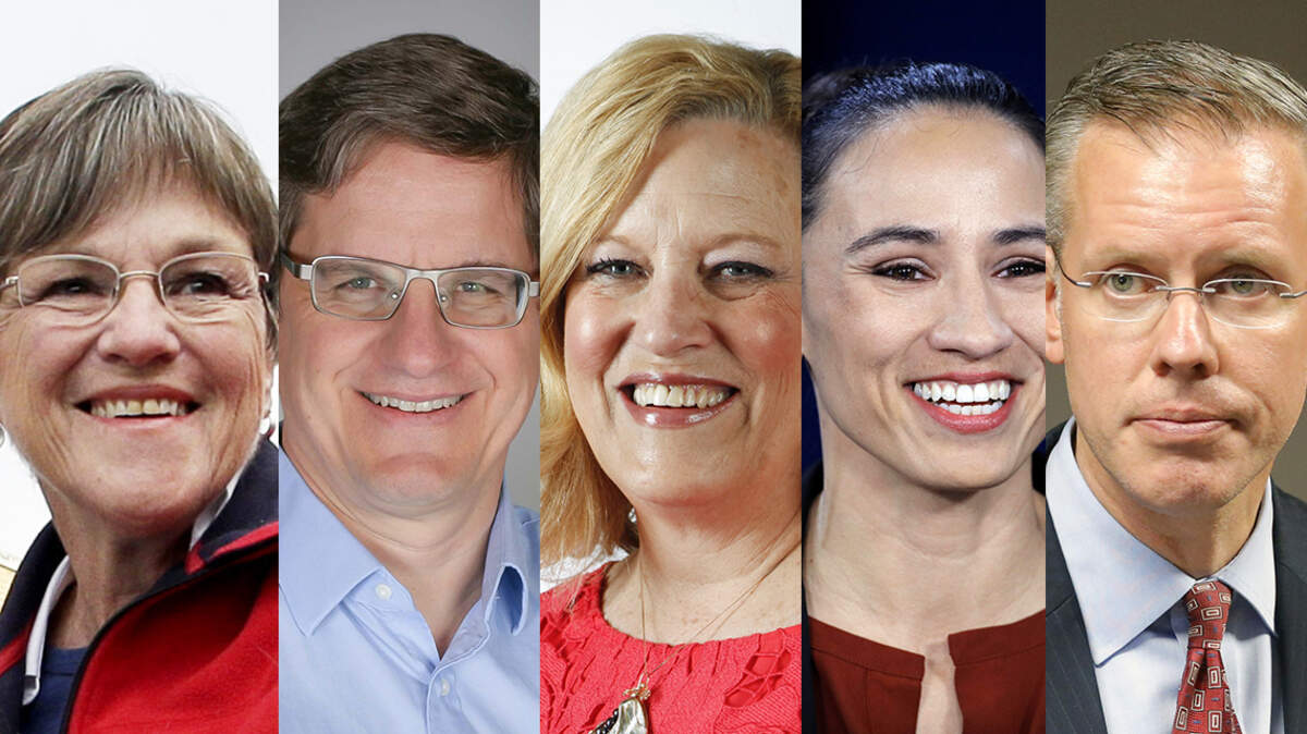 Kansas state Sen. Laura Kelly, Brian McClendon, Vicki Schmidt, Sharice Davids and Paul Davis