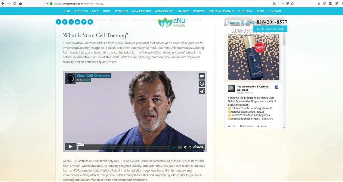 The website for the aNu Aesthetics and Optimal Wellness spa near Kansas City International Airport said the clinic only uses stem cells from Liveyon, a company that had to recall some of its products last year after they were linked to a dozen infections. This webpage was made inactive after The Star called aNu seeking comment.