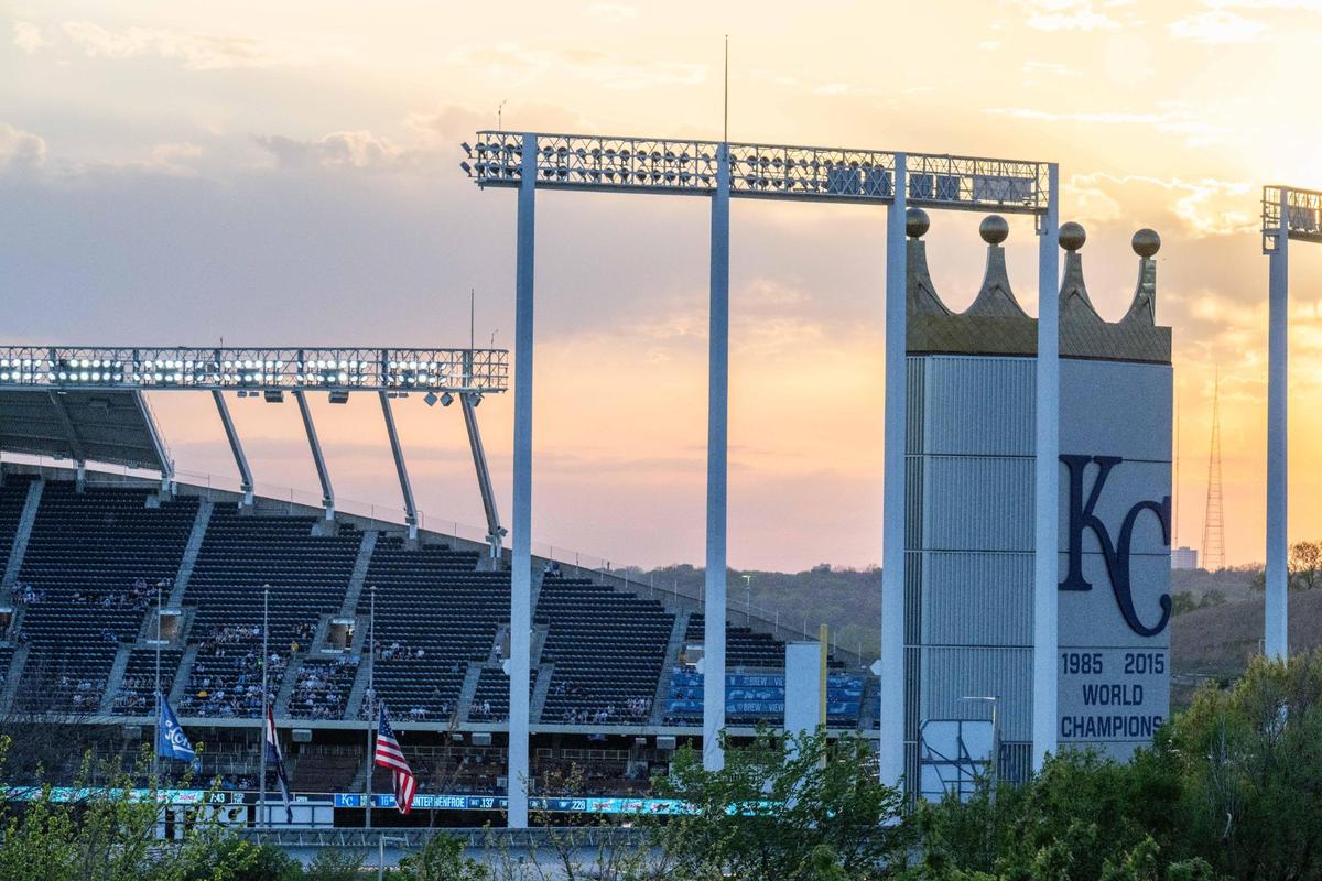 A view from a distance of Kauffman Stadium as the Royals faced off against the Colorado Rockies on Tuesday, April 22, 2025.