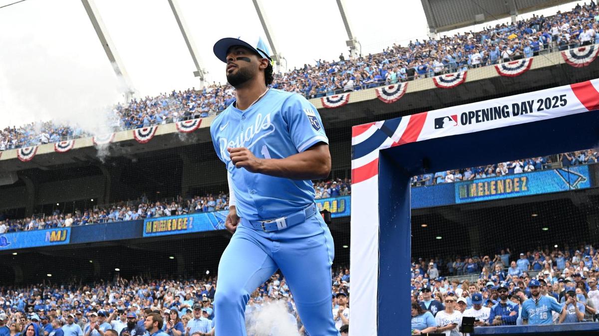 Kansas City Royals outfielder MJ Melendez (1) takes to the field for introductions during the opening day game Thursday, March 27, 2025, at Kauffman Stadium.