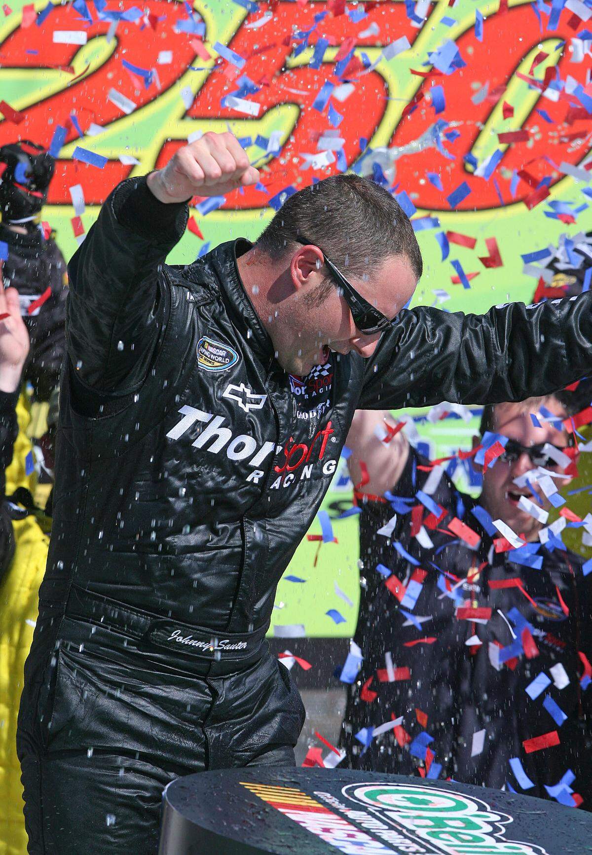 Truck Series driver Johnny Sauter celebrates after winning the 2010 O’Reilly Auto Parts 250 at Kansas Speedway.