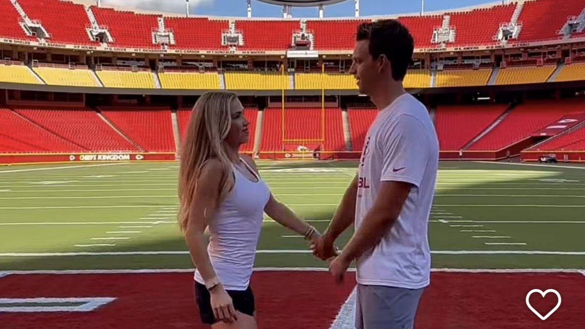 Gracie Hunt joined the recent TikTok trend of “can my boyfriend catch me” with her boyfriend, Derek Green, at GEHA Field at Arrowhead Stadium. The two have been a couple since earlier this year.