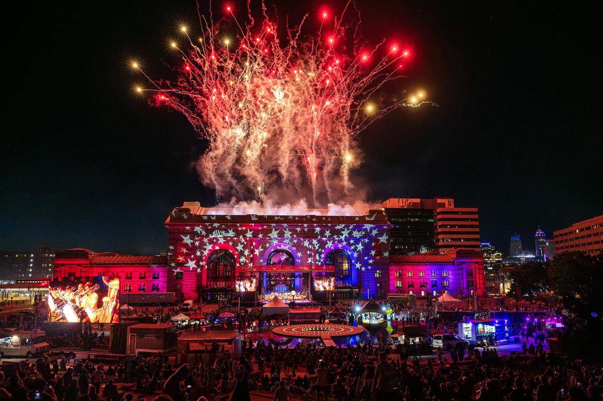 Fireworks explode over Union Station during the Kansas City Symphony's annual Celebration at the Station concert on Sunday, May 24, 2026, in Kansas City.