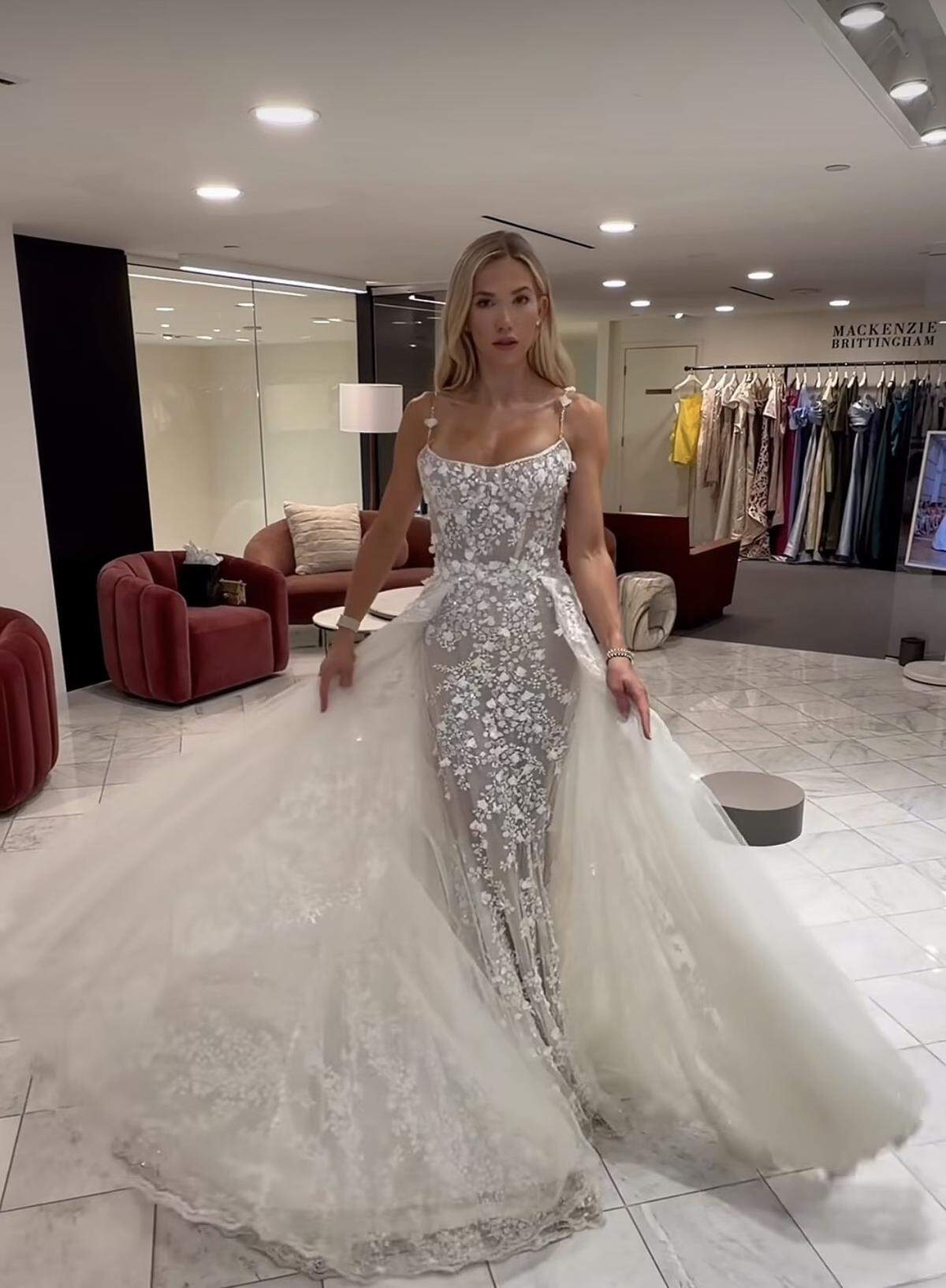 Gracie Hunt trying on wedding gowns in Dallas.
