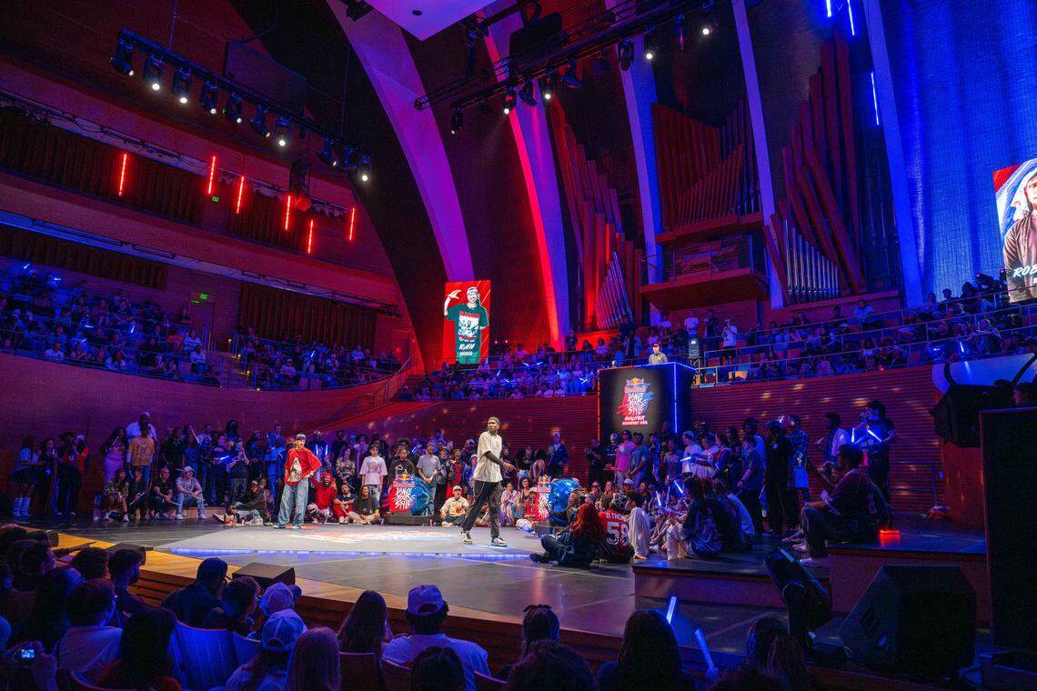 “Robozilla” performs a moonwalk move against his competitor in the first round of the Red Bull Dance Your Style Midwest Regional Qualifier, on Saturday, April 25, 2026, at the Kauffman Center for the Performing Arts.