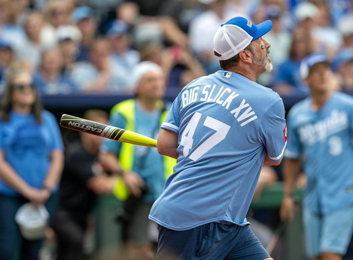 Rob Riggle connects with the ball during the Big Slick Celebrity Softball game on Friday, May 30, 2025, at Kauffman Stadium in Kansas City.