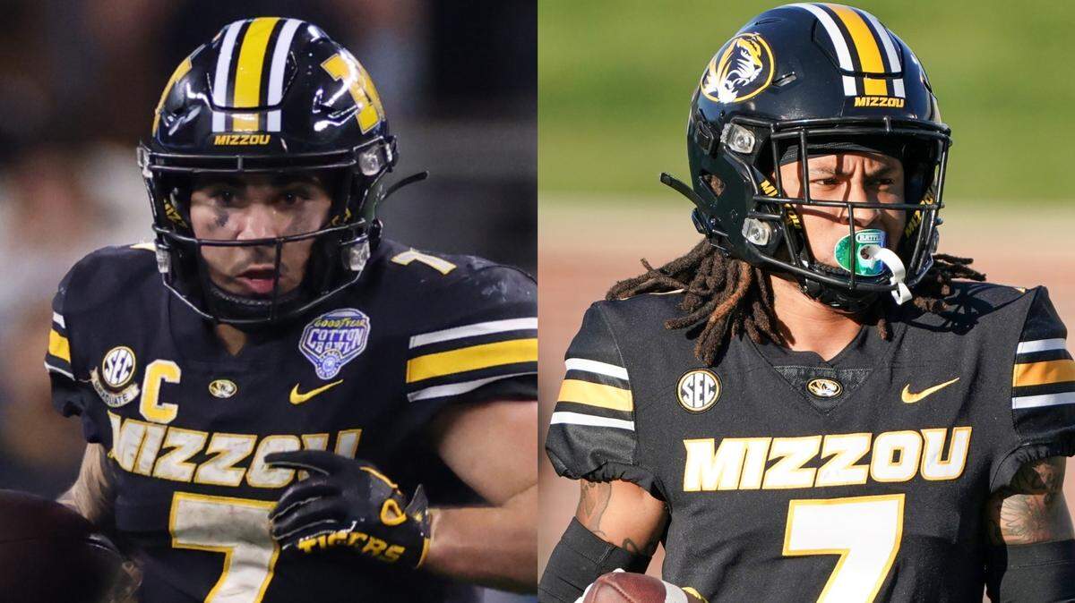 Running back Cody Schrader, left, and cornerback Kris Abrams-Draine are leaving the Missouri Tigers to enter the 2024 NFL Draft.