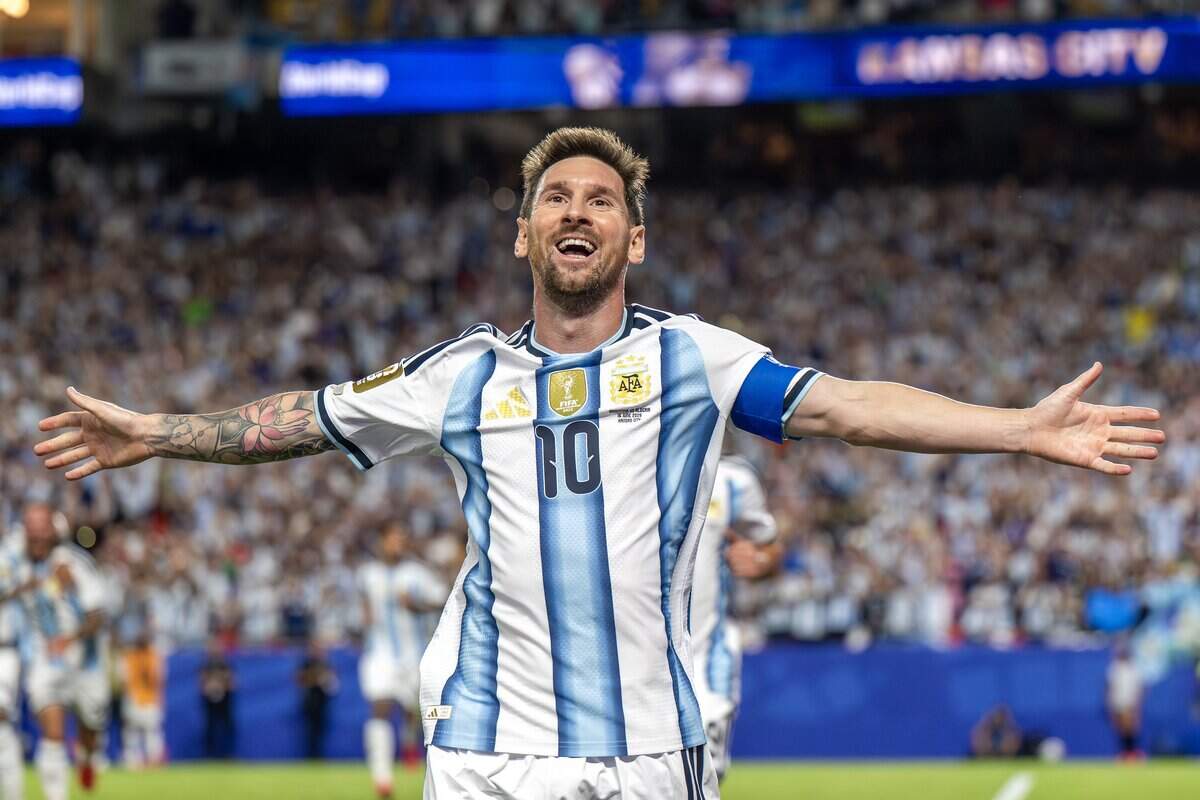 Argentina forward Lionel Messi (10) celebrates after scoring his second goal in the second half of a FIFA World Cup group-stage soccer match against Algeria at Kansas City (Arrowhead) Stadium on Tuesday, June 16, 2026, in Kansas City.
