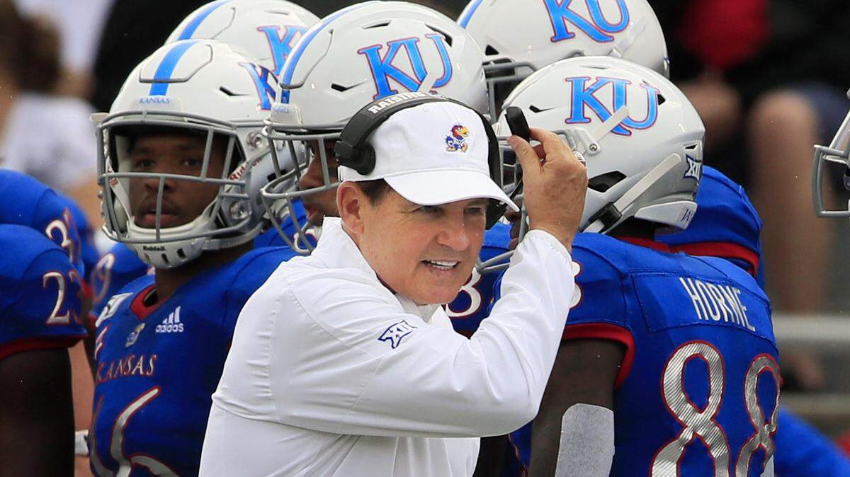 Kansas head coach Les Miles works the sidelines in the KU-West Virginia game Saturday, Sept. 21, 2019.