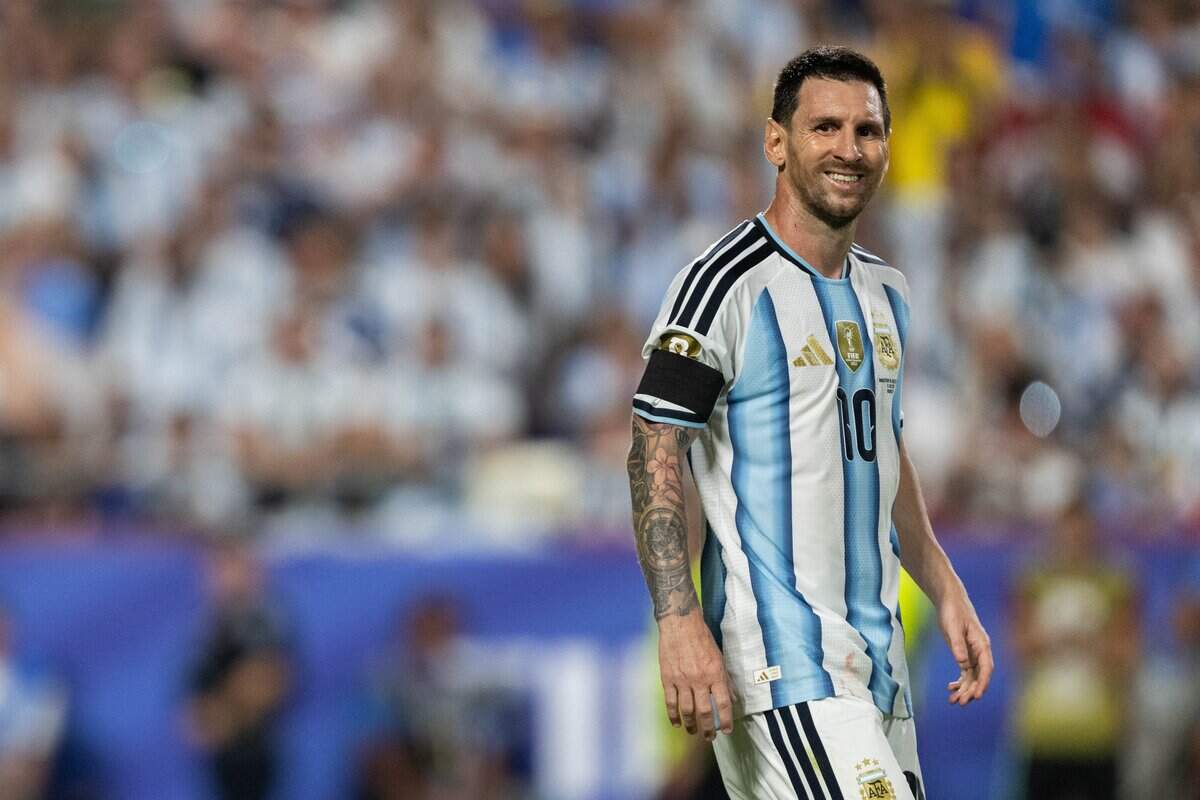 Argentina forward Lionel Messi (10) smiles during a 2026 FIFA World Cup quarterfinal match at Kansas City (Arrowhead) Stadium in Kansas City on Saturday, July 11, 2026.