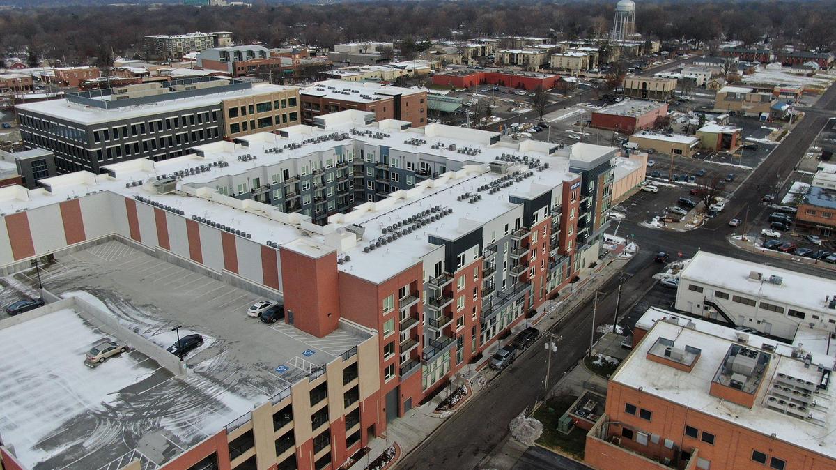 New apartment complexes including The Vue, foreground, Market Lofts and Interurban Lofts have opened in downtown Overland Park.