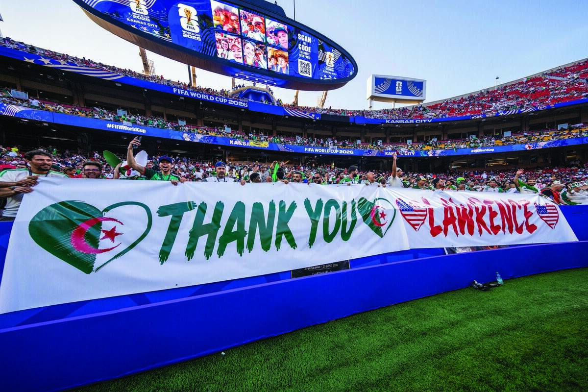 Algeria fans hold a banner thanking Lawrence, their team's base camp city, ahead of the World Cup game between Algeria and Austria at Kansas City (Arrowhead) Stadium on Saturday, June 27, 2026.