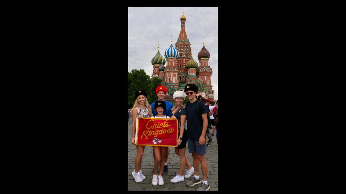 Tavia Hunt, wife of Kansas City Chiefs chairman and CEO Clark Hunt, wanted to use this family image for customized Christmas card stamps. It was rejected because Russia’s St. Basil’s Cathedral constituted “religious” content and violated U.S. Postal Service regulations.
