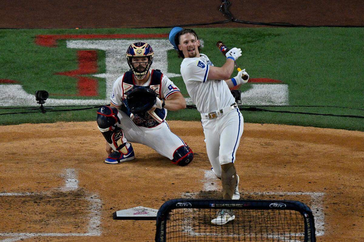 Royals shortstop Bobby Witt Jr. takes a mighty swing during Monday night’s finals of the 2024 Home Run Derby at Globe Life Field in Arlington, Texas.