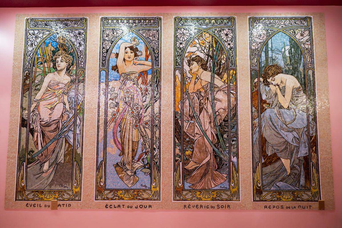 A mosaic mural depicting different goddesses is displayed at Laila Lounge on Friday, Aug. 8, 2025, in Kansas City.