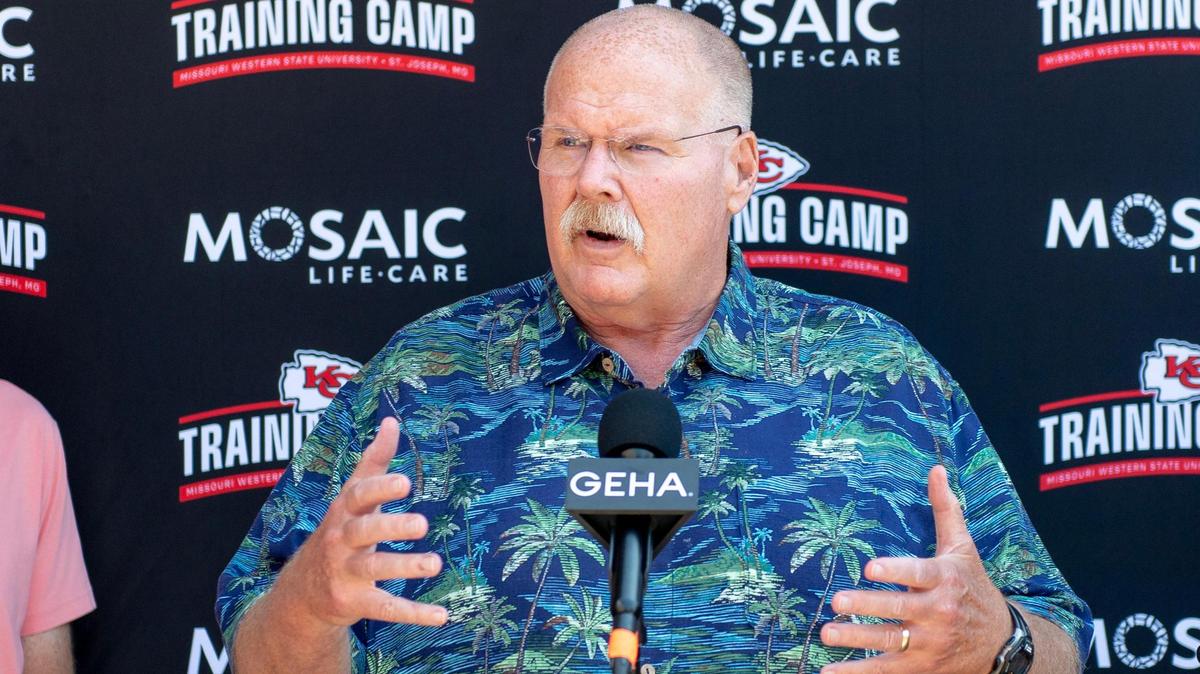 Kansas City Chiefs head coach Andy Reid speaks to reporters at Missouri Western State University during the first day of training camp on Tuesday, July 18, 2023, in St. Joseph, Mo.