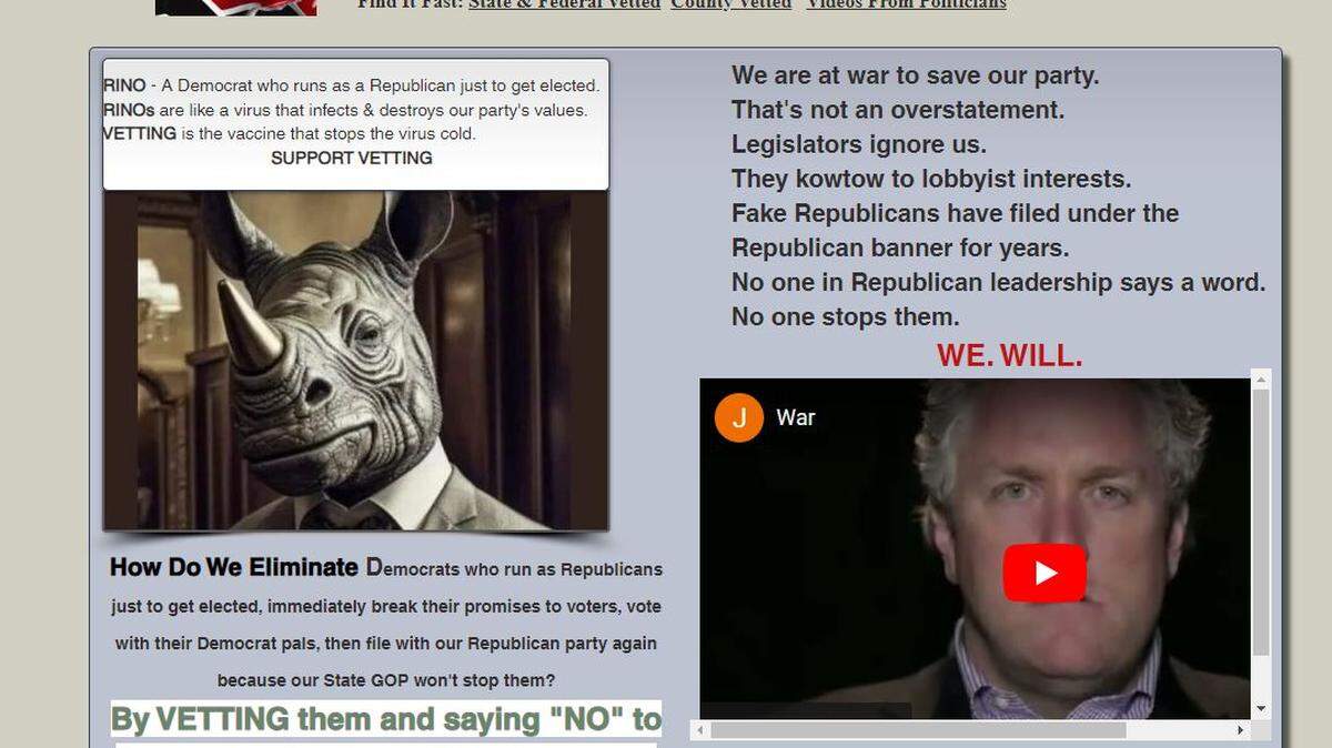 The webpage of the Republican Association of Central Committees of MO calls for vetting of candidates and declares “war” against “fake Republicans” or RINOs, Republicans in name only.