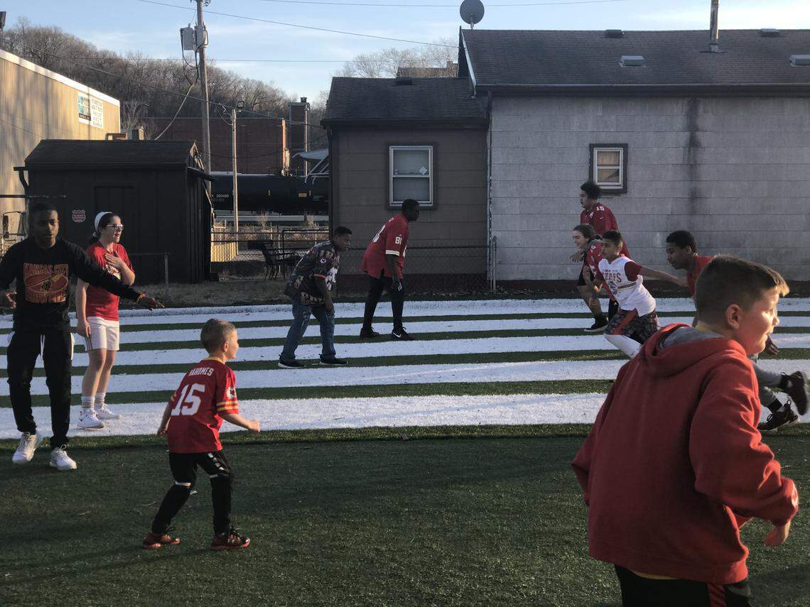 Members of the Missouri Wolverines youth football club in Kansas City’s East Bottoms spent most of the Super Bowl game playing football at their training facility on Sunday.