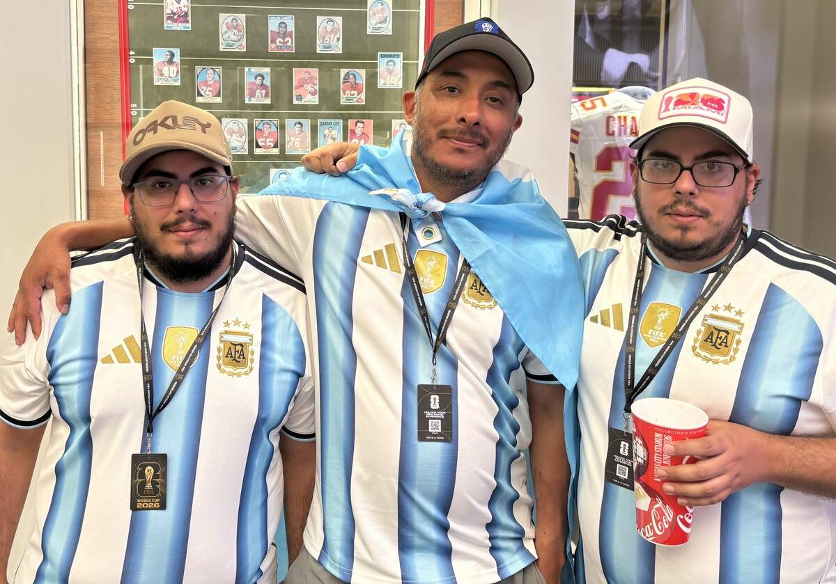Argentina soccer fans Juan Brusco (from left), Ramos Braca and Federico Brusco were among those who checked out the Chiefs Hall of Honor during the Argentina-Algeria FIFA World Cup group-stage match at Kansas City (Arrowhead) Stadium in Kansas City on Tuesday, June 16, 2026.