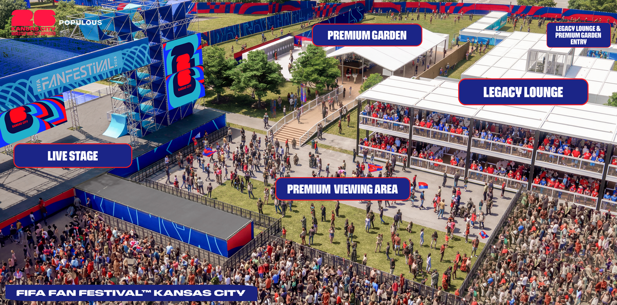 Kansas City’s 2026 FIFA World Cup Fan Festival renderings, showing the live stage and premium areas. They are expected to quickly fill to their 25,000-person capacity.