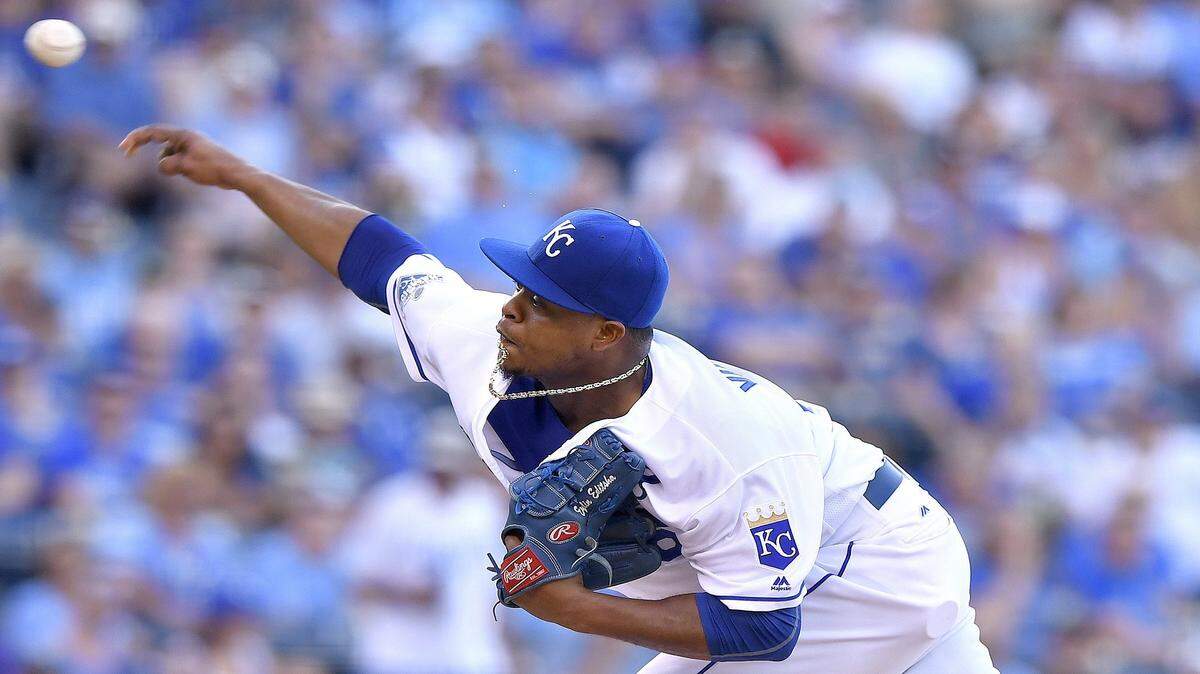 Kansas City Royals starting pitcher Edinson Volquez throws in the first inning during Saturday's baseball game against the Detroit Tigers on June 18, 2016 at Kauffman Stadium.