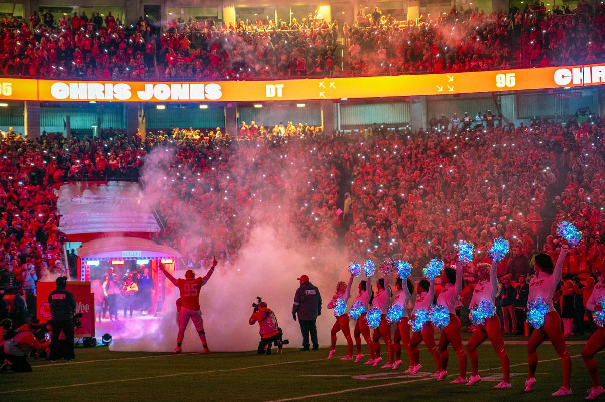Fans participated in a cell phone light show as the Chiefs, including Kansas City Chiefs defensive tackle Chris Jones (95) was introduced Sunday, Dec. 8, 2024, at GEHA Field at Arrowhead Stadium/
