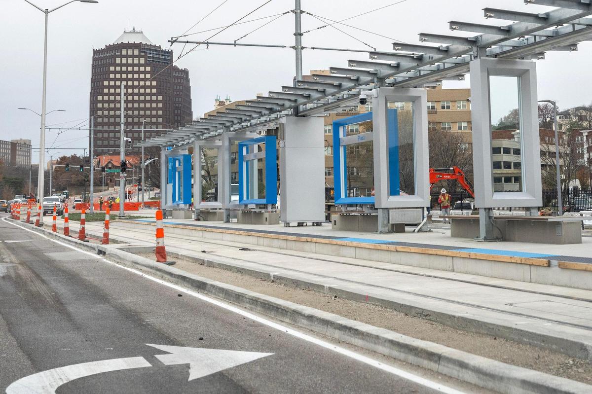 Construction continues along Brookside Boulevard for the streetcar extension project on Wednesday, Nov. 27, 2024, in Kansas City.